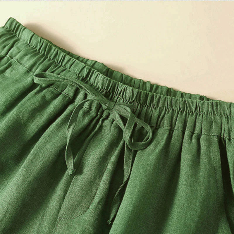 Buddha Stones Plain Color Bottom Hollow Lace Design Lace-up Cotton Women's Shorts With Pockets