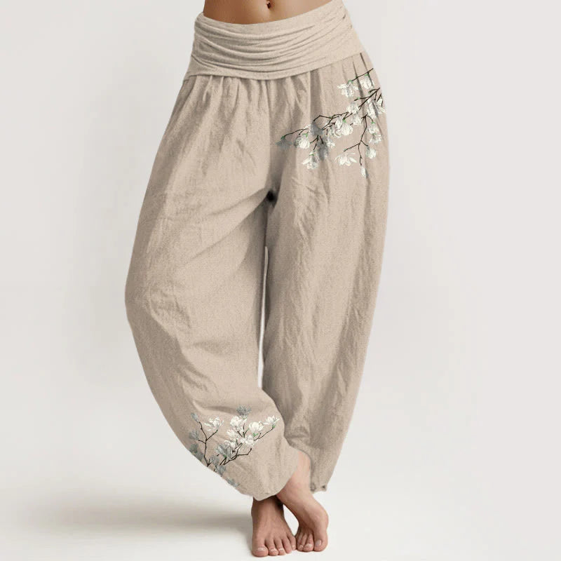 Buddha Stones Pure Cotton Simple Magnolia Flower Pattern Women's Elastic Waist Harem Pants