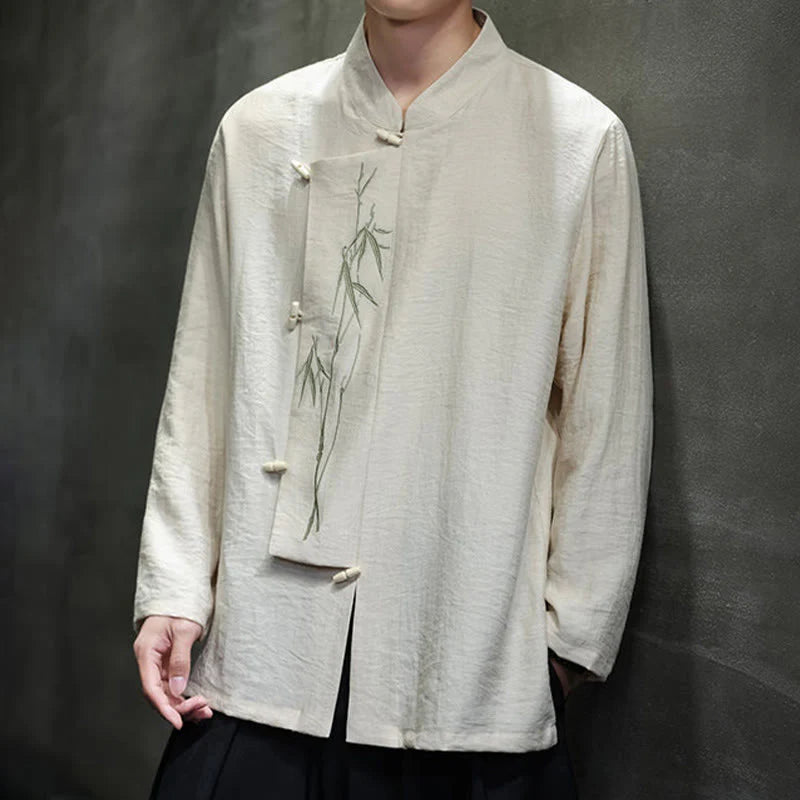 Buddha Stones Fall Solid Color Bamboo Leaf Embroidery Men's Long Sleeve Cotton Linen Shirt