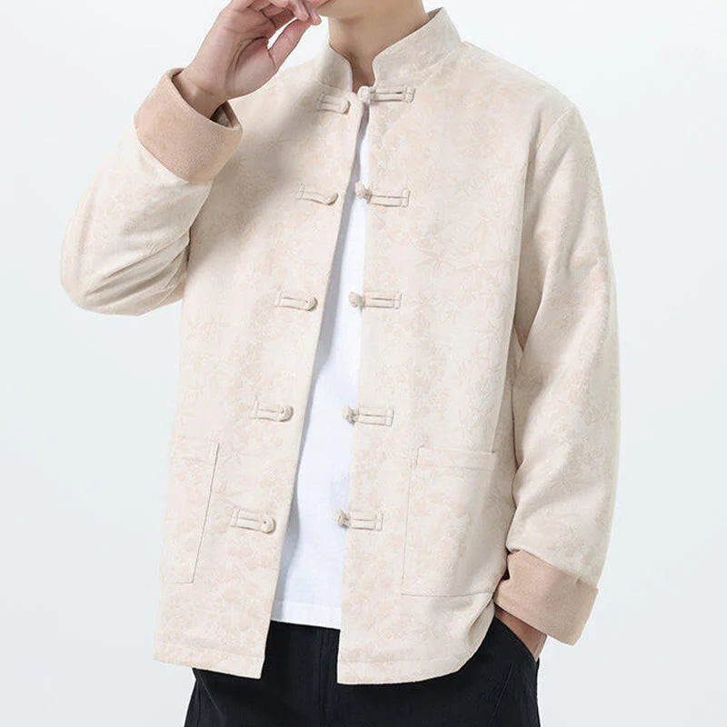 Buddha Stones Fall Jacquard Bamboo Frog-button Long Sleeve Men's Cotton Jacket With Pockets