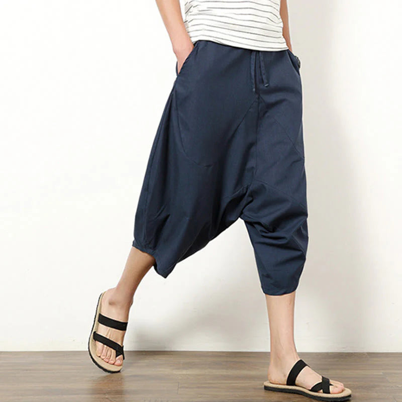 Buddha Stones Spring Plain Simple Patchwork Design Drawstring Cotton Linen Men's 7-8 Length Wide Leg Pants With Pockets