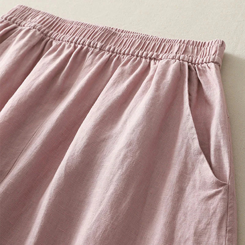 Buddha Stones Summer Daily Solid Color Elastic Waistband Design Women's Wide Leg Cotton Linen Pants With Pockets