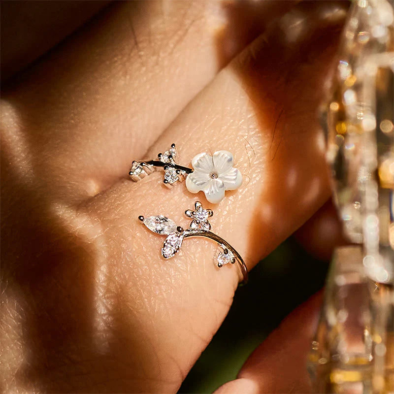 Buddha Stones 925 Sterling Silver White Flower Design Adjustable Blessing Ring