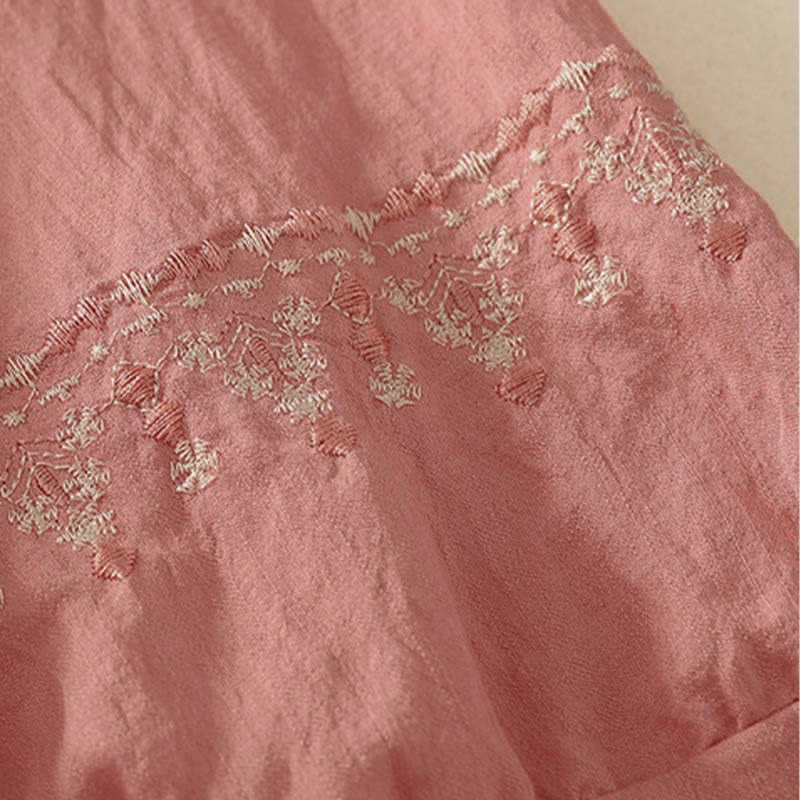Buddha Stones Spring Embroidered Cotton Half Buttons Women's Short Sleeve Shirt