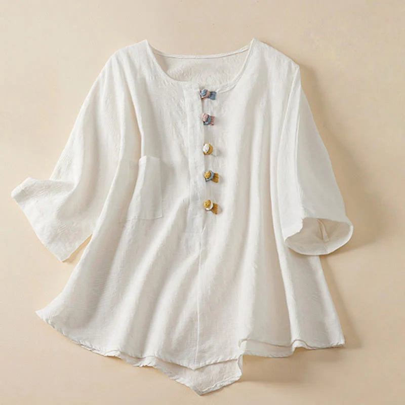 Buddha Stones Casual Flower Colorful Frog Button Half Sleeve Cotton Linen Women's Shirt