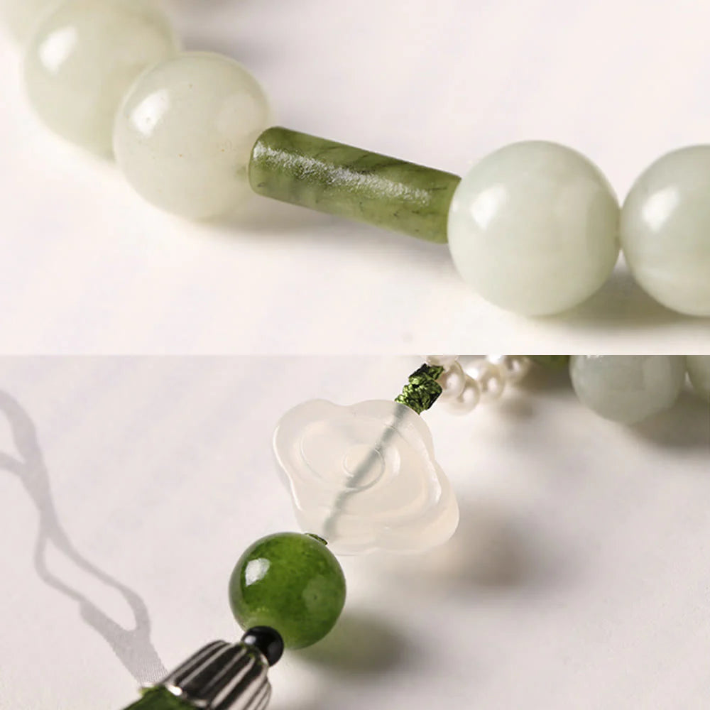 Buddha Stones Green Jade Beads Pearl Prosperity Tassels Wrist Mala