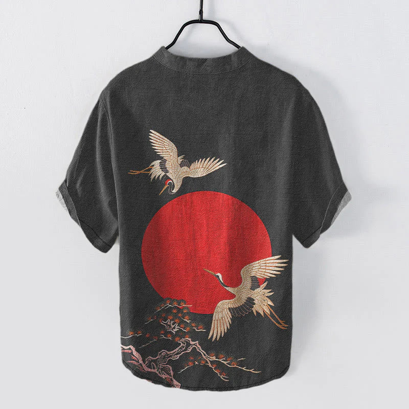 Buddha Stones Cotton Simple Crane Red Sun Pine Pattern Men's Short Sleeve Half Button Shirt
