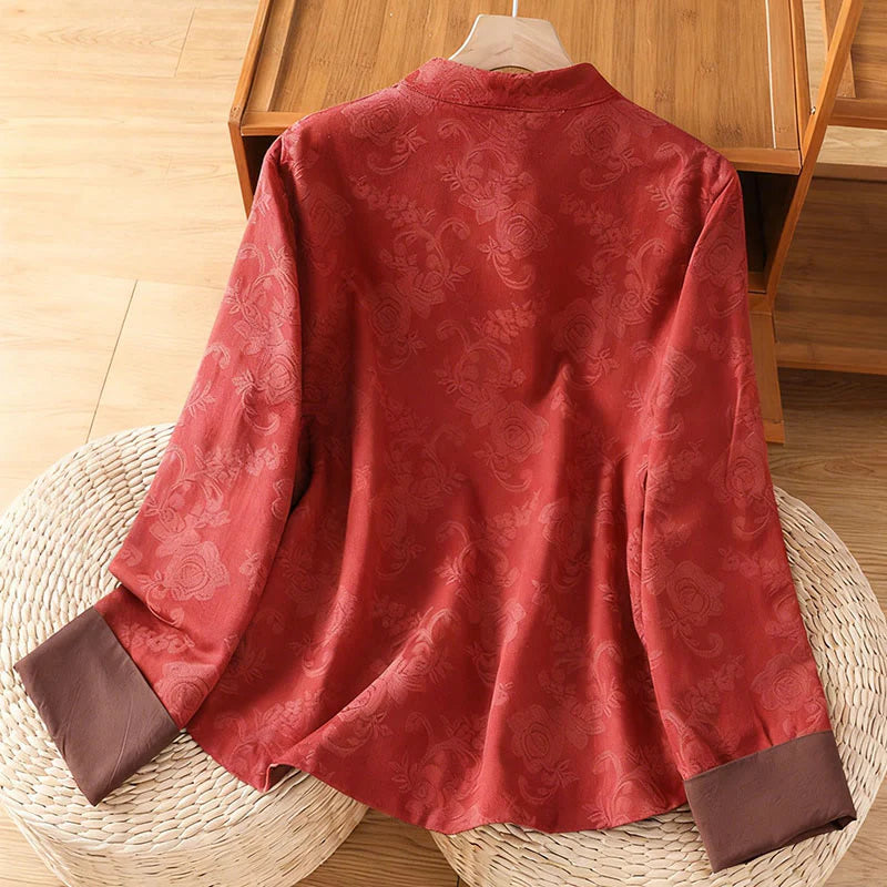 Buddha Stones Fall Jacquard Floral Print Frog-Button Stand Collar Long Sleeve Women's Cotton Shirt