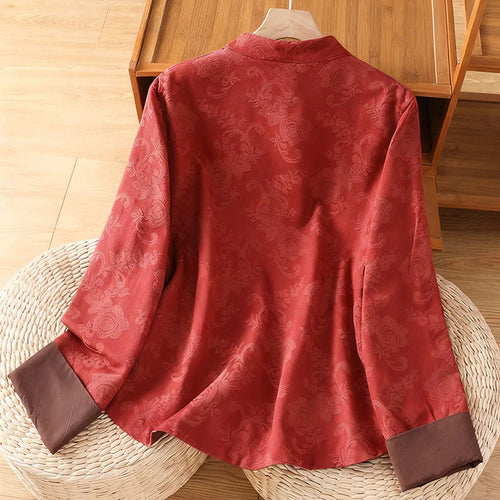 Buddha Stones Fall Jacquard Floral Print Frog-Button Stand Collar Long Sleeve Women's Cotton Shirt