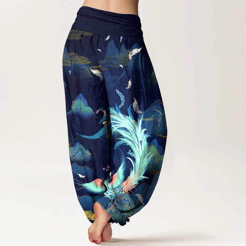 Buddha Stones Pure Cotton Gorgeous Phoenix Mountain Cloud Pattern Women's Elastic Waist Harem Pants