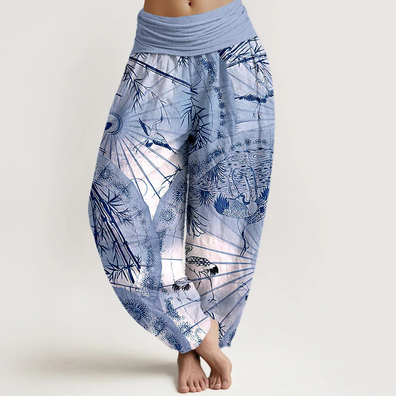 Buddha Stones Pure Cotton Umbrella Crane Bamboo Pattern Women's Elastic Waist Harem Pants