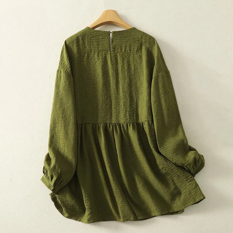 Buddha Stones Casual Olive Green Crew Neck Women's Cotton Linen Long Sleeve Shirt