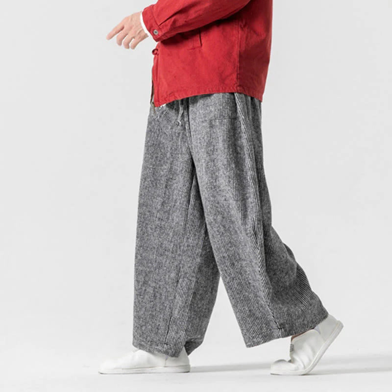 Buddha Stones Daily Solid Color Drawstring Design Men's Wide Leg Cotton Pants With Pockets