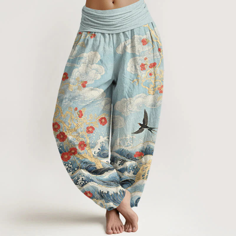 Buddha Stones Pure Cotton Auspicious Clouds Red Blossoms Swallow Ocean Waves Women's Elastic Waist Harem Pants