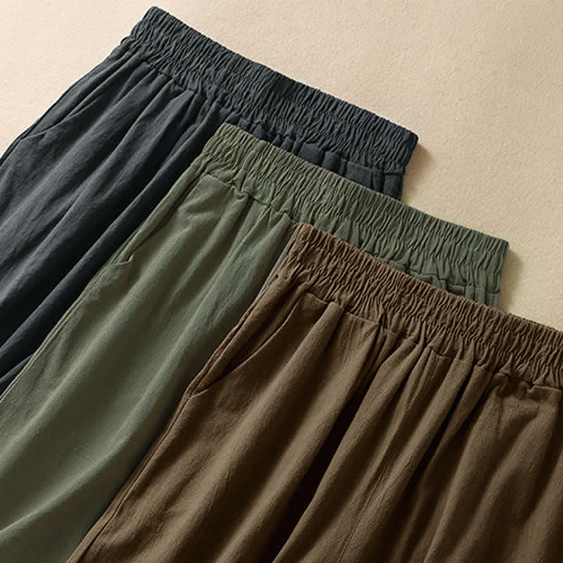 Buddha Stones High Waist Capri Cropped Women's Wide Leg Cotton Pants With Pockets