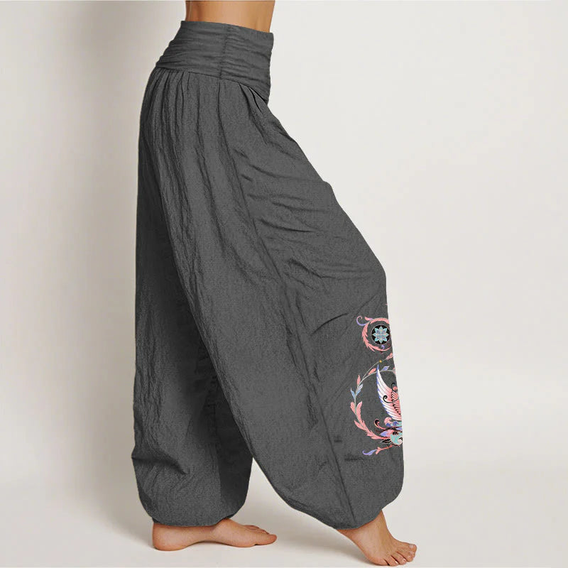 Buddha Stones Cotton Flying Dragon Phoenix Pattern Women's Elastic Waist Harem Pants