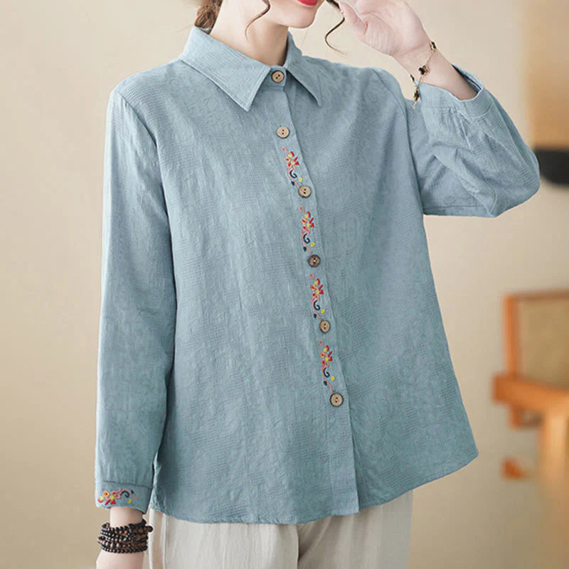 Buddha Stones Spring Plain Embroidered Flower Pattern Button Women's Long Sleeve Cotton Lapel Shirt