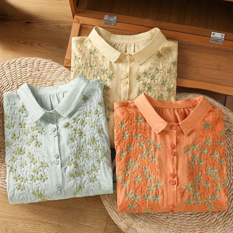 Buddha Stones Casual Plant Embroidery Stand Collar Women's Cotton Blend Three Quarter Sleeve Shirt