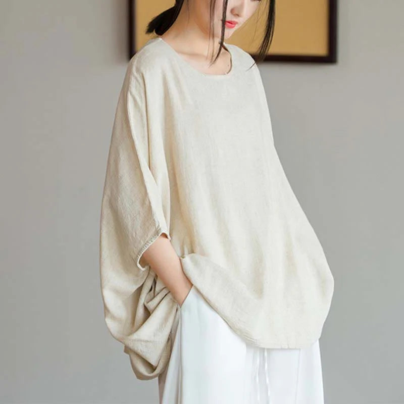 Buddha Stones Solid Color Three Quarter Sleeve Top Loose Tee T-Shirt
