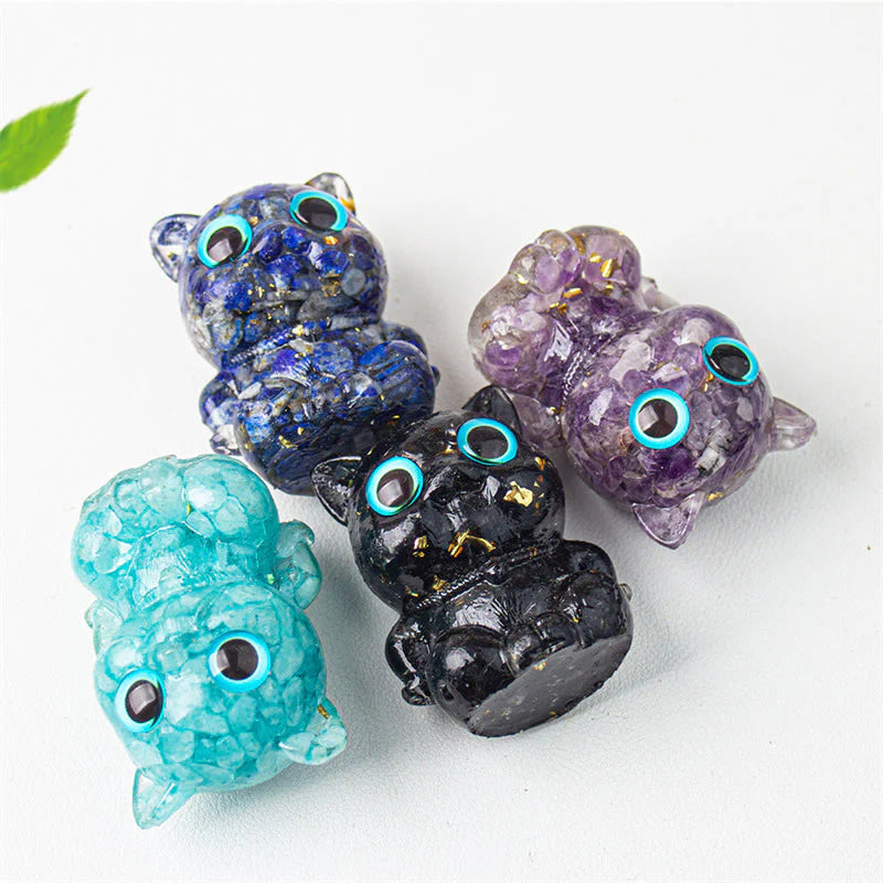 Buddha Stones Cute Cat Lazurite Lapis Lazuli Amethyst Black Obsidian Aquamarine Crystal Resin Positive Home Decoration