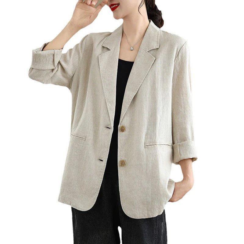 Buddha Stones Spring Solid Color Long Sleeve Cotton Linen Women's Jacket With Pockets