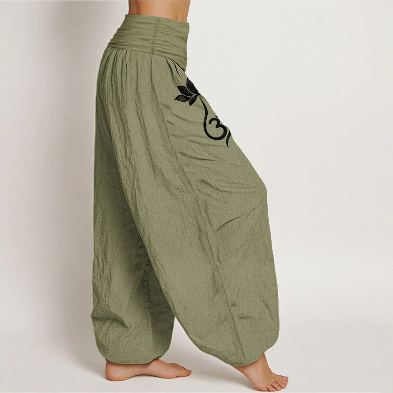 Buddha Stones Cotton Lotus Flower Om Pattern Women's Elastic Waist Harem Pants