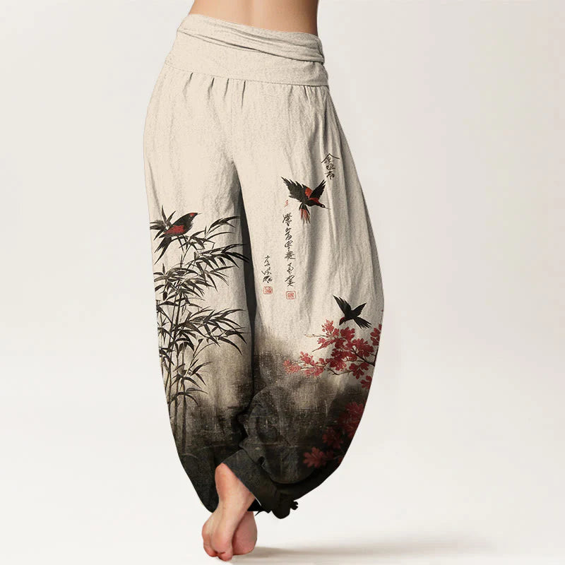 Buddha Stones Cotton Classical Bamboo Bird Flower Pattern Women's Elastic Waist Harem Pants