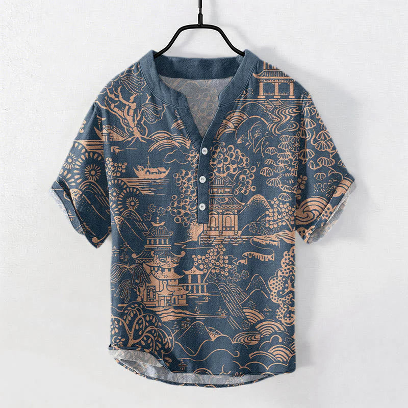 Buddha Stones Cotton Nature Towers Landscape Pattern Men's Short Sleeve Half Button Shirt