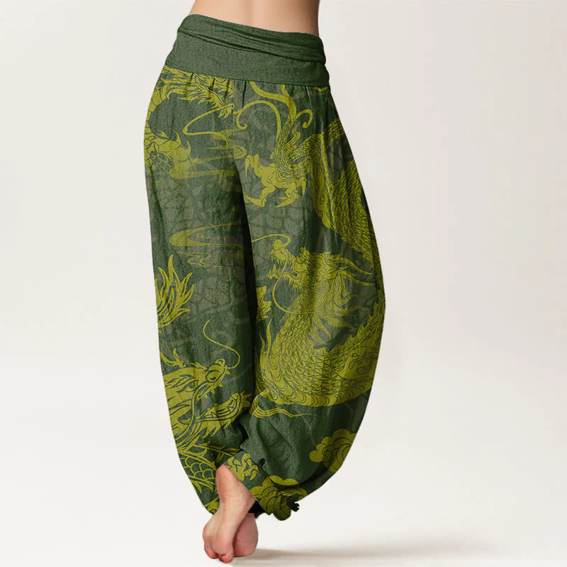 Buddha Stones Cotton Dragon Auspicious Clouds Women's Elastic Waist Harem Pants