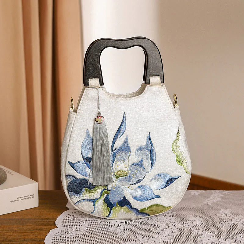 Buddha Stones Lotus Embroidery Handbag Crossbody Bag