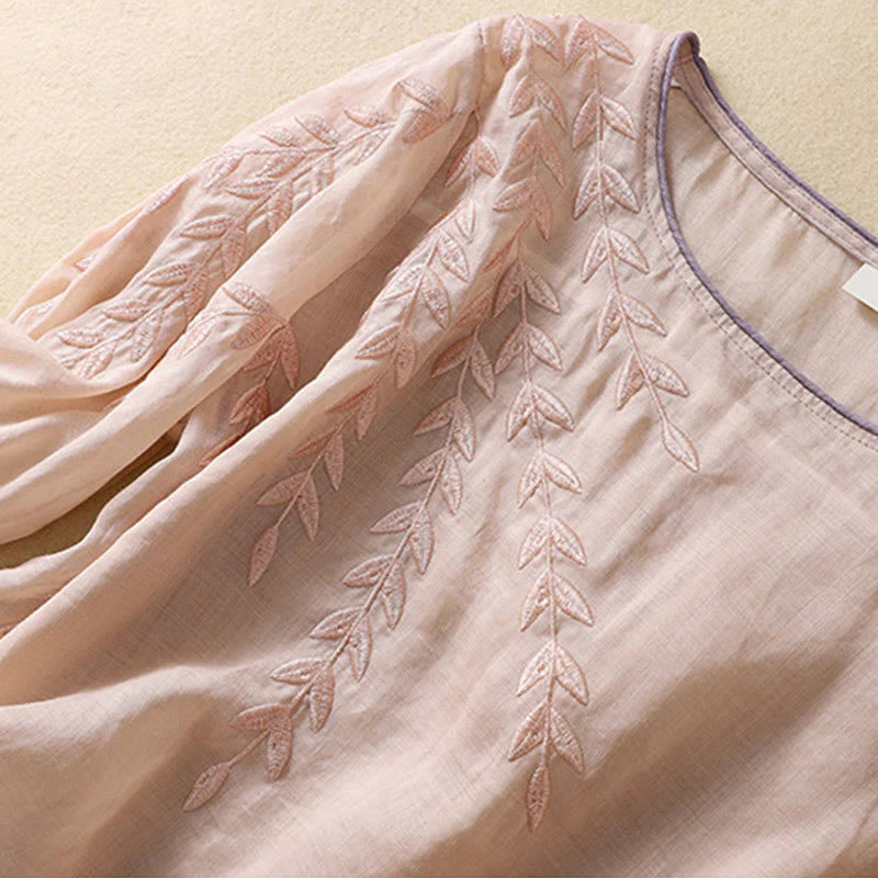 Buddha Stones Embroidery Leaves Women's Cotton Linen Half Sleeve T-shirt