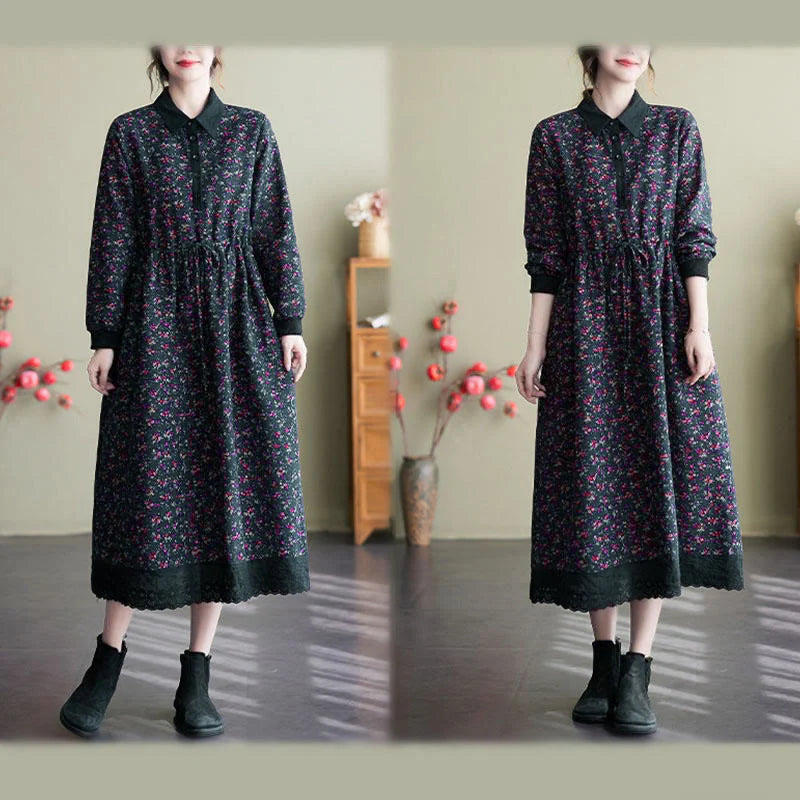 Buddha Stones Ethnic Printed Drawstring Long Sleeve Cotton Midi Dress With Pockets