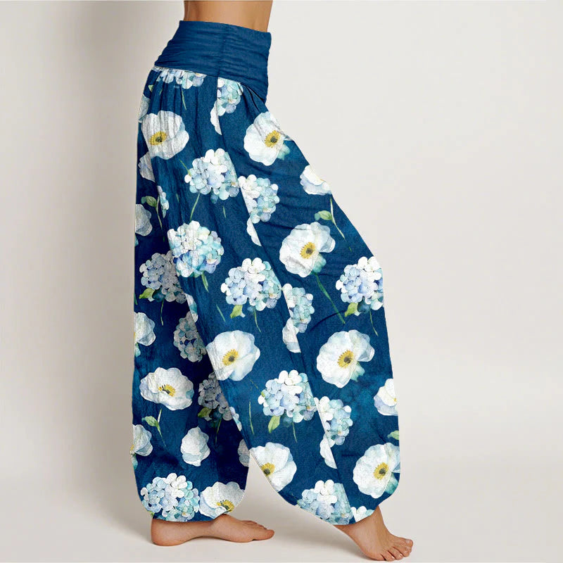 Buddha Stones Cotton Fresh Elegant Flower Pattern Women's Elastic Waist Harem Pants