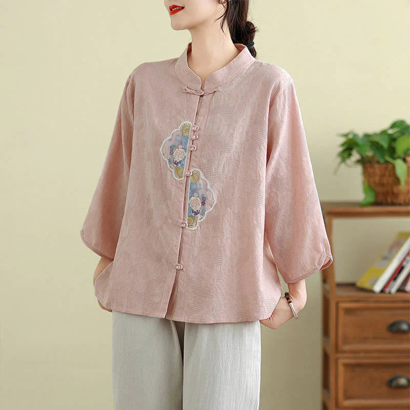 Buddha Stones Flower Embroidery Jacquard Three Quarter Sleeve Frog-Button Cotton Women's Shirt
