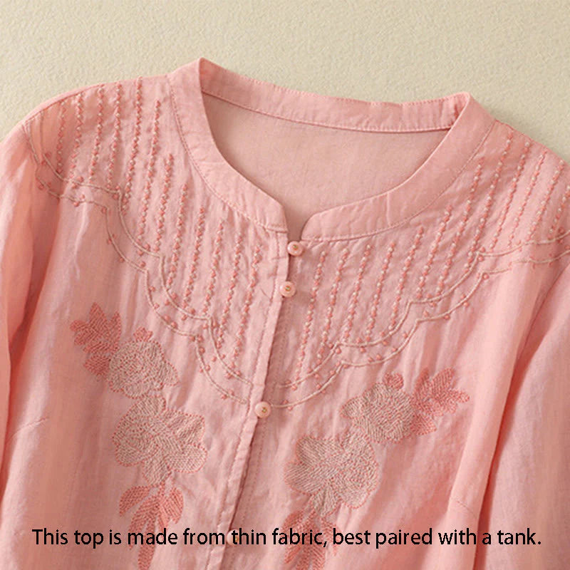 Buddha Stones Rose Floral Embroidery Button Half Sleeve Women's Cotton Shirt