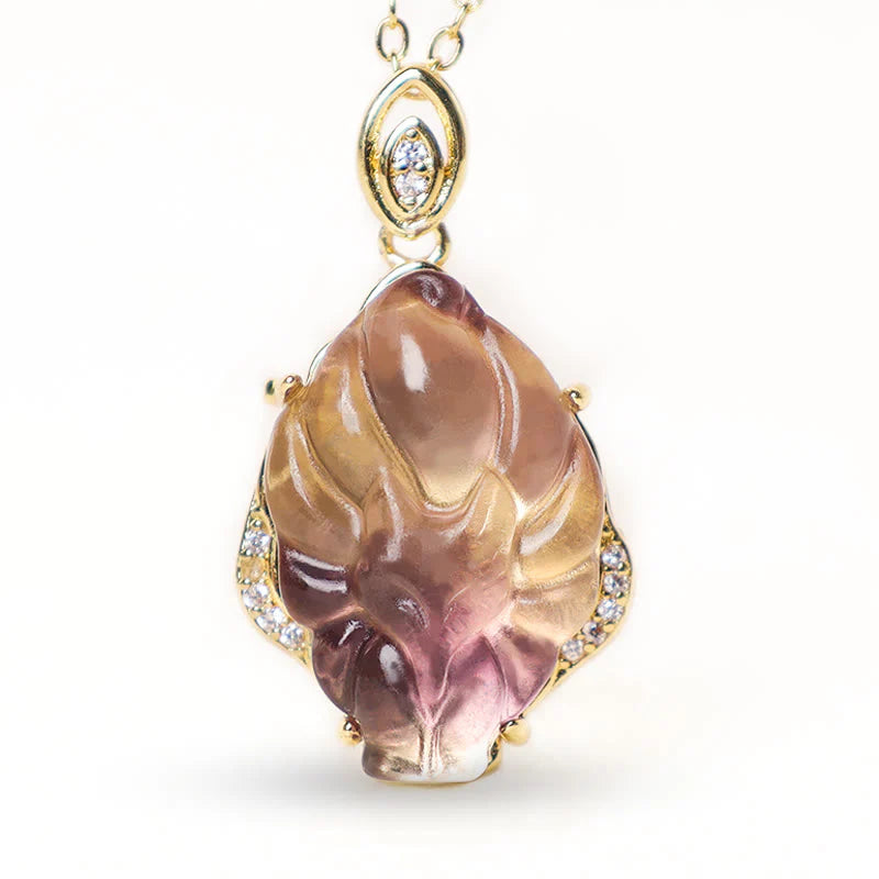 Buddha Stones Natural Colorful Fluorite Nine Tailed Fox Protection Necklace Pendant