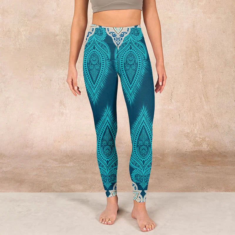 Buddha Stones Green Feather Flower Print Gym Fitness Leggings Women's Yoga Pants