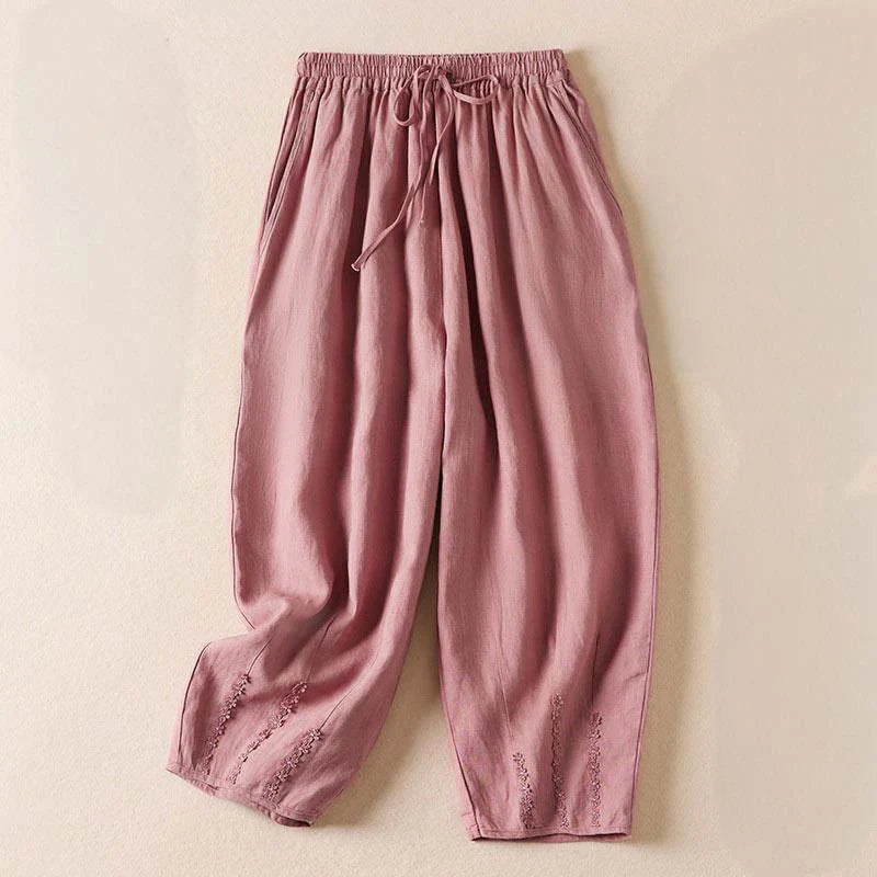 Buddha Stones Summer Small Flower Embroidery  Harem Pants With Pockets
