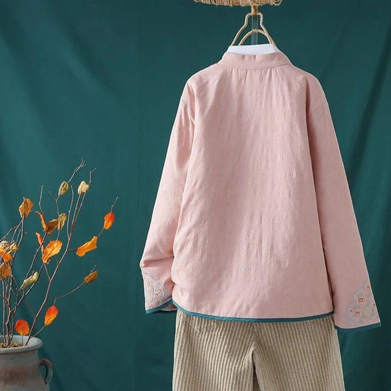 Buddha Stones Winter Frog-Button Embroidery Flowers Vines Open Front Cotton Long Sleeve Women's Thermal Jacket