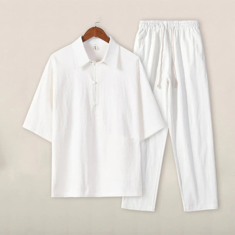 Buddha Stones Casual 2Pcs Pure Color Half Button Design Shirt Drawstring Pants Men's Cotton Linen Meditation Cloth Set With Pockets