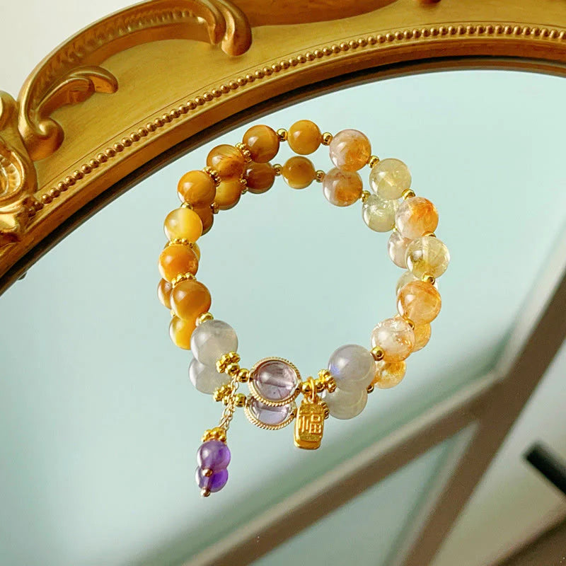 Buddha Stones Natural Citrine Tiger Eye Fu Character Prosperity Bracelet