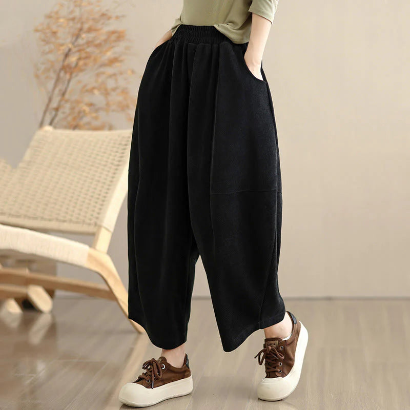 Buddha Stones Women's Fall Patchwork Plain Corduroy Harem Pants With Pockets
