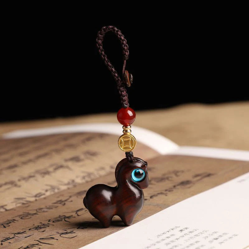 Buddha Stones Year of the Horse Small Leaf Red Sandalwood Calm Key Chain Phone Hanging Decoration