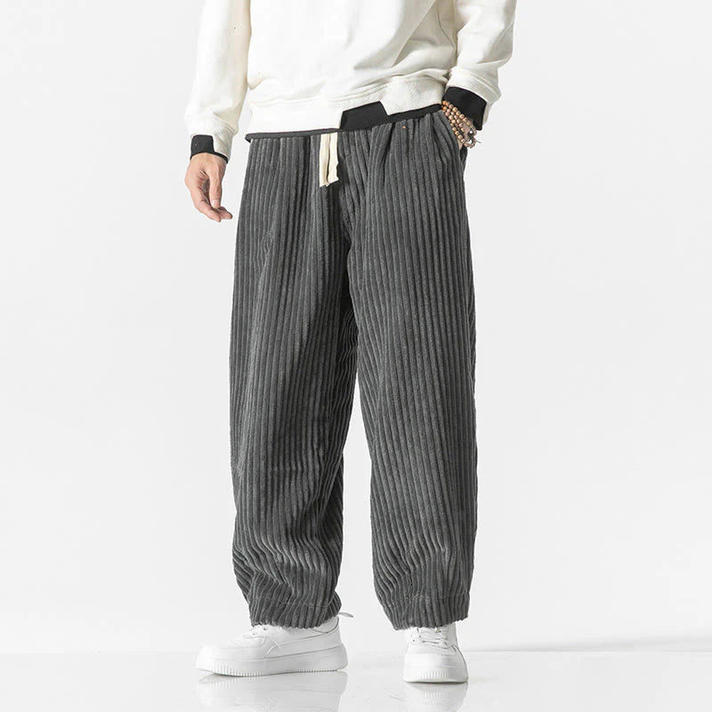Buddha Stones Retro Winter Solid Color Men's Drawstring Corduroy Harem Pants With Pockets