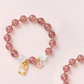 Buddha Stones Lucky Cat Peach Blossoms Charm Strawberry Quartz White Cat's Eye Healing Bracelet