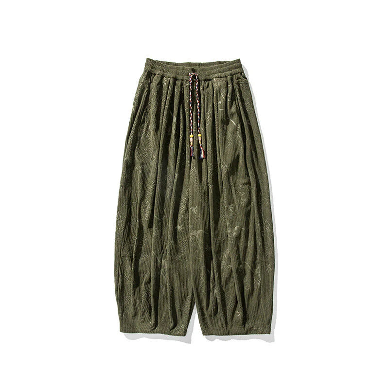 Buddha Stones Winter Dragon Phoenix Pattern Cotton Corduroy Men's Harem Pants With Pockets