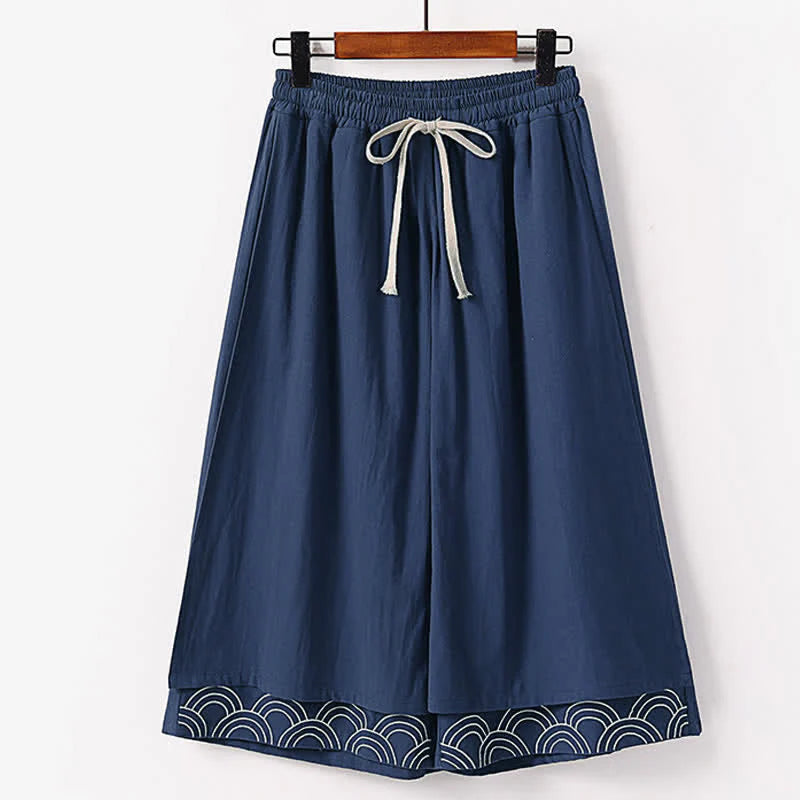 Buddha Stones Summer Embroidery Capri Length Cotton Linen Men's Wide Leg Pants With Pockets
