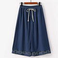Buddha Stones Summer Embroidery Capri Length Cotton Linen Men's Wide Leg Pants With Pockets