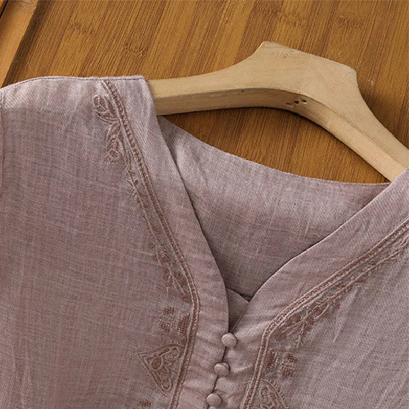 Buddha Stones Casual Embroidery Single Breasted Button Polyester Half Sleeve Women's V-neck Shirt