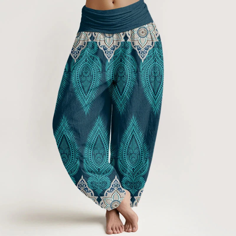 Buddha Stones Cotton Casual Feather Flower Design Women's Elastic Waist Harem Pants